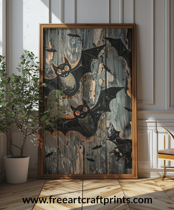 Vintage Halloween Bats Art Print - Rustic Spooky Decor (300 Dpi, 24x36 Inches)