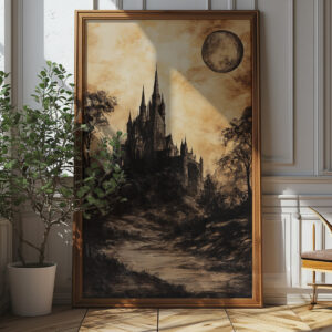 Vintage Gothic Castle Art Print - Haunted Halloween Decor (300 Dpi, 24x36 Inches)