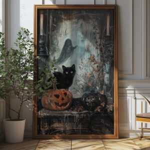 Vintage Halloween Black Cat And Pumpkin Art Print - Spooky Gothic Decor (300 Dpi, 24x36 Inches)