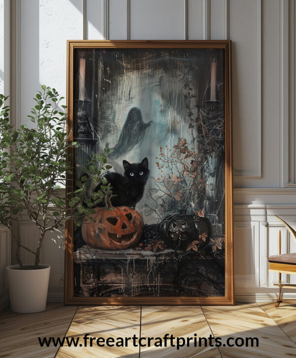 Vintage Halloween Black Cat And Pumpkin Art Print - Spooky Gothic Decor (300 Dpi, 24x36 Inches)