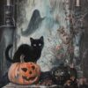 Vintage Halloween Black Cat And Pumpkin Art Print - Spooky Gothic Decor (300 Dpi, 24x36 Inches)