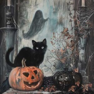 Vintage Halloween Black Cat And Pumpkin Art Print - Spooky Gothic Decor (300 Dpi, 24x36 Inches)