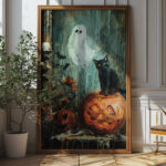 Vintage Halloween Black Cat With Pumpkin And Ghost Art Print - Spooky Gothic Decor (300 Dpi, 24x36 Inches)