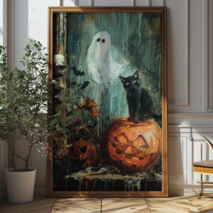 Vintage Halloween Black Cat With Pumpkin And Ghost Art Print - Spooky Gothic Decor (300 Dpi, 24x36 Inches)