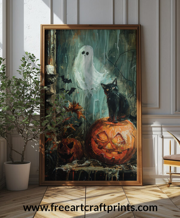 Vintage Halloween Black Cat With Pumpkin And Ghost Art Print - Spooky Gothic Decor (300 Dpi, 24x36 Inches)