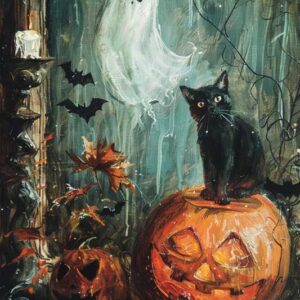 Vintage Halloween Black Cat With Pumpkin And Ghost Art Print - Spooky Gothic Decor (300 Dpi, 24x36 Inches)