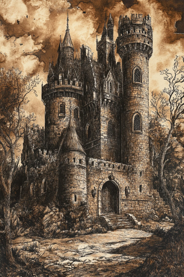 Gothic Haunted Castle Illustration Art Print - Spooky Halloween Decor (300 Dpi, 24x36 Inches)