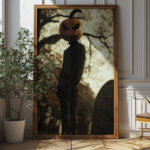 Gothic Jack-o'-lantern Head Illustration Art Print - Creepy Halloween Decor (300 Dpi, 24x36 Inches)