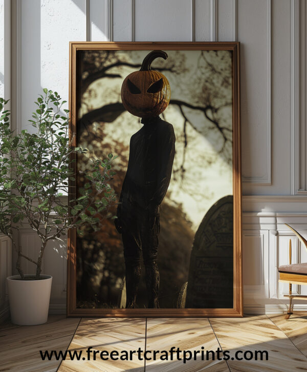 Gothic Jack-o'-lantern Head Illustration Art Print - Creepy Halloween Decor (300 Dpi, 24x36 Inches)