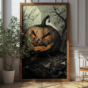 Spooky Grinning Pumpkin Illustration Art Print - Creepy Halloween Decor (300 Dpi, 24x36 Inches)