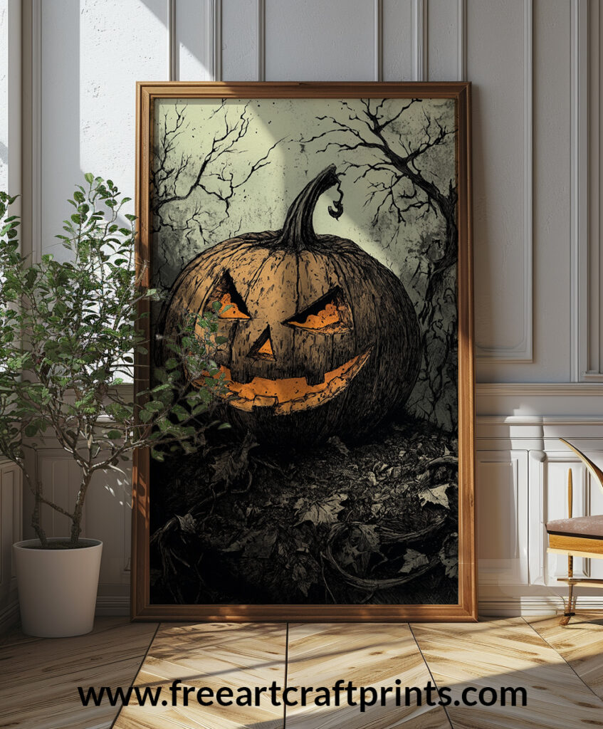 Spooky Grinning Pumpkin Illustration Art Print - Creepy Halloween Decor (300 Dpi, 24x36 Inches)