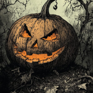 Spooky Grinning Pumpkin Illustration Art Print - Creepy Halloween Decor (300 Dpi, 24x36 Inches)