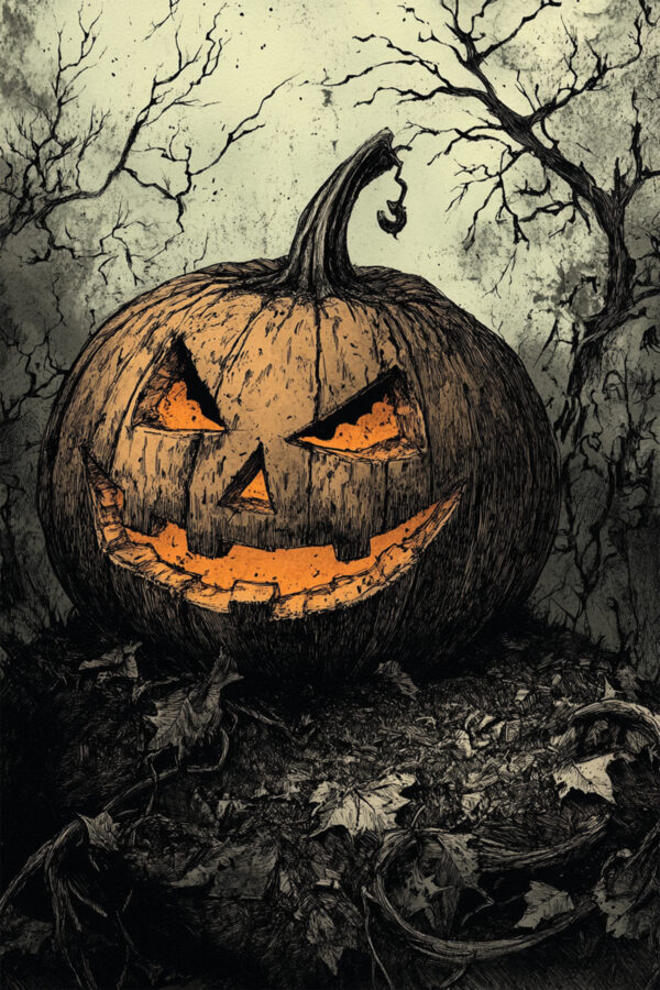 Spooky Grinning Pumpkin Illustration Art Print - Creepy Halloween Decor (300 Dpi, 24x36 Inches)