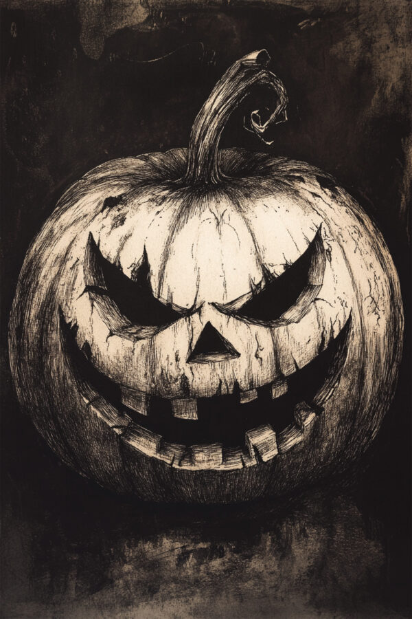 Menacing Jack-o'-lantern Illustration Art Print - Gothic Halloween Decor (300 Dpi, 24x36 Inches)