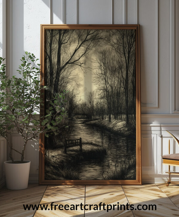 Eerie Riverbank At Dusk Art Print - Gothic Landscape Decor (300 Dpi, 24x36 Inches)