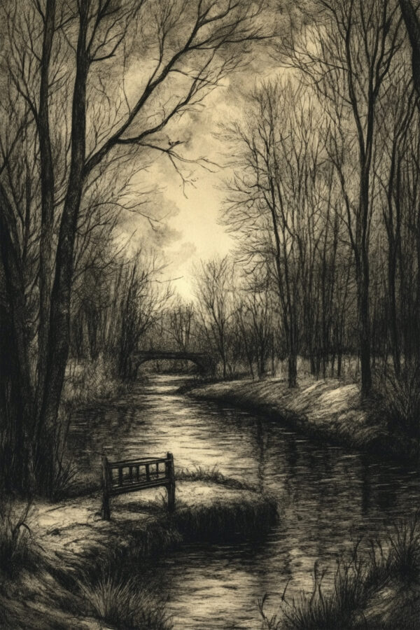 Eerie Riverbank At Dusk Art Print - Gothic Landscape Decor (300 Dpi, 24x36 Inches)