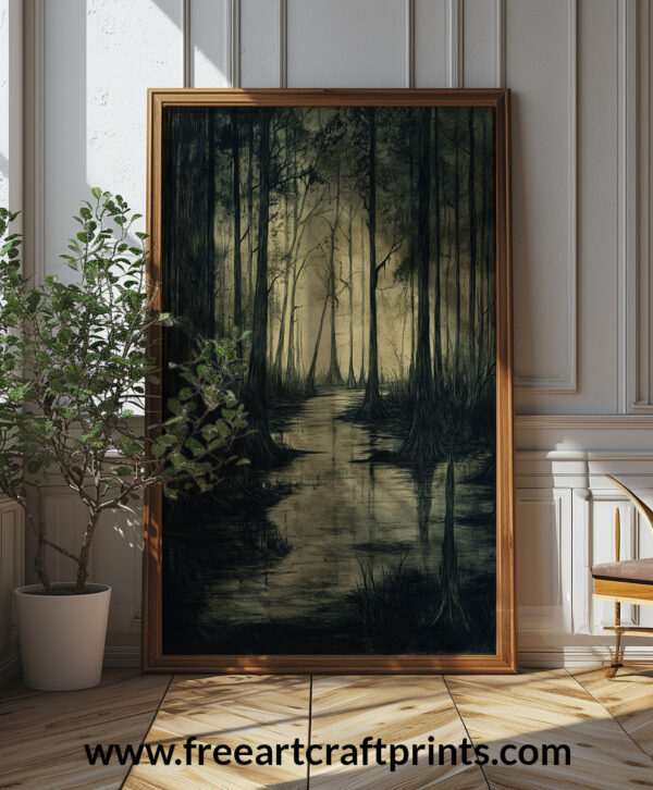 Creepy Swamp At Twilight Art Print - Gothic Landscape Decor (300 Dpi, 24x36 Inches)