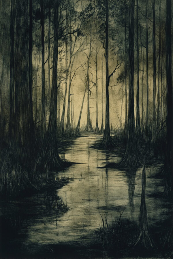 Creepy Swamp At Twilight Art Print - Gothic Landscape Decor (300 Dpi, 24x36 Inches)