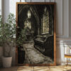 Gothic Crypt Interior Art Print - Dark Vintage Church Illustration (300 Dpi, 24x36 Inches)