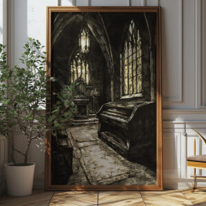 Gothic Crypt Interior Art Print - Dark Vintage Church Illustration (300 Dpi, 24x36 Inches)