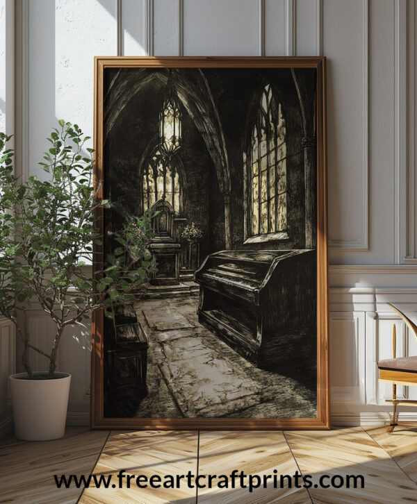 Gothic Crypt Interior Art Print - Dark Vintage Church Illustration (300 Dpi, 24x36 Inches)