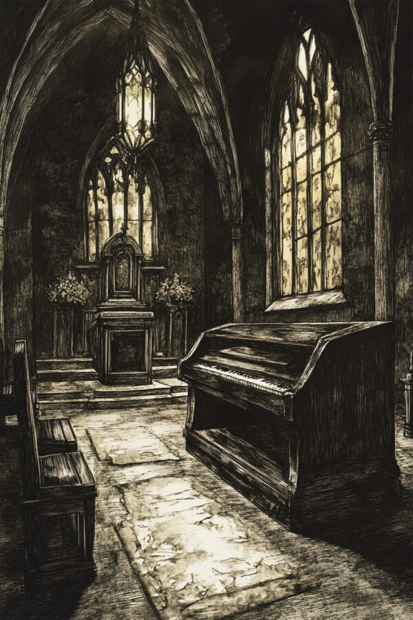 Gothic Crypt Interior Art Print - Dark Vintage Church Illustration (300 Dpi, 24x36 Inches)