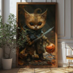 Adorable Halloween Warrior Kitten Art Print - Fantasy Cat Decor (300 Dpi, 24x36 Inches)