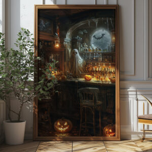 Haunted Halloween Bar Art Print - Spooky Gothic Pub Decor (300 Dpi, 24x36 Inches)