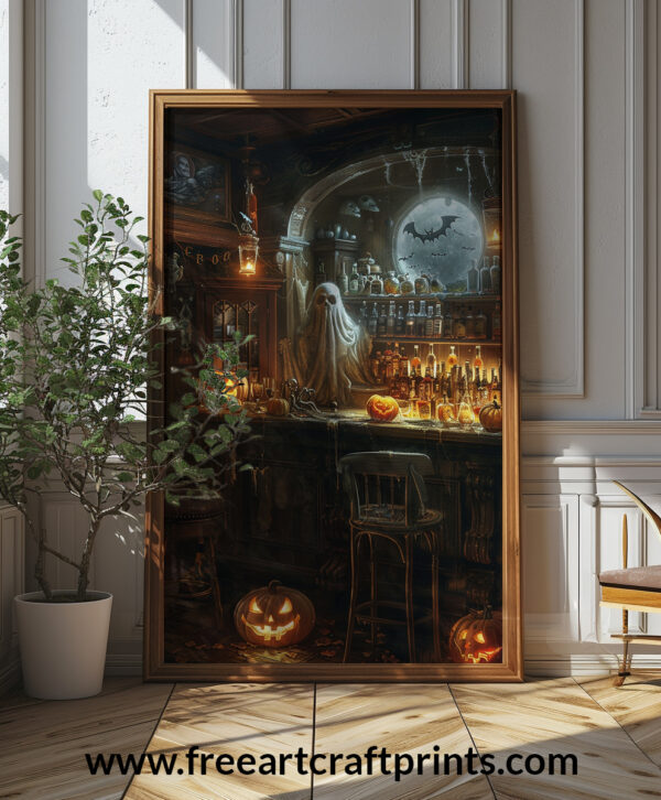 Haunted Halloween Bar Art Print - Spooky Gothic Pub Decor (300 Dpi, 24x36 Inches)