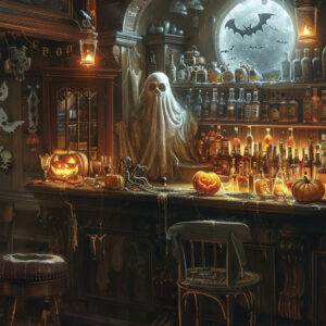 Haunted Halloween Bar Art Print - Spooky Gothic Pub Decor (300 Dpi, 24x36 Inches)