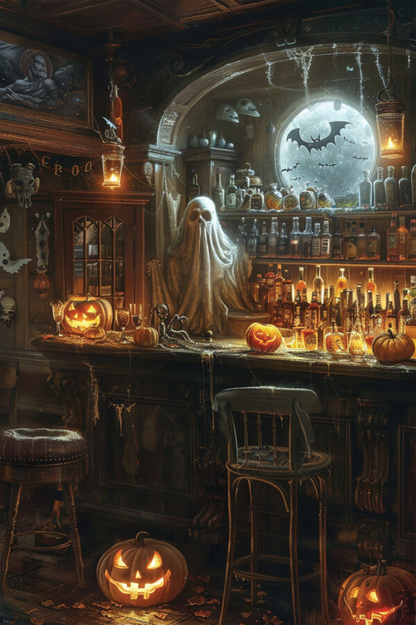 Haunted Halloween Bar Art Print - Spooky Gothic Pub Decor (300 Dpi, 24x36 Inches)