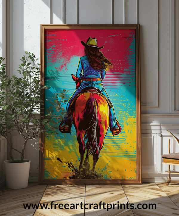 Vivid Trails: Maximalist Cowgirl On Horseback