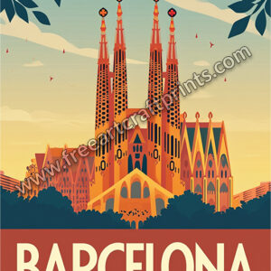 Barcelona Sunrise: Vintage Travel Poster