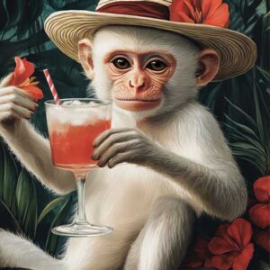 Tropical White Monkey With Cocktail Poster - High-resolution Wall Art (300 Dpi, 24x36 Inches)