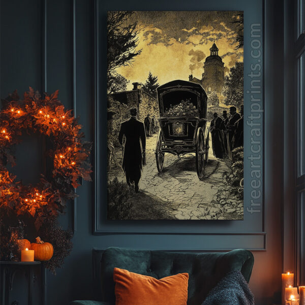 Victorian Gothic Funeral Procession Art Print - Haunting Halloween Decor (300 Dpi, 24x36 Inches)