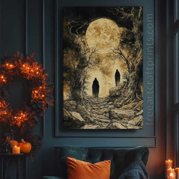 Moonlit Shadows - Gothic Ghouls Halloween Art Print (300 Dpi, 24x36 Inches)