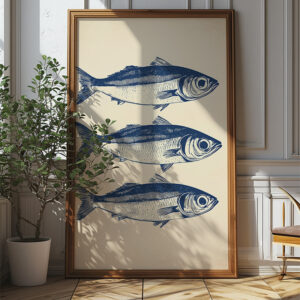 Ocean's Trio: Vintage Sardines Poster - Blue