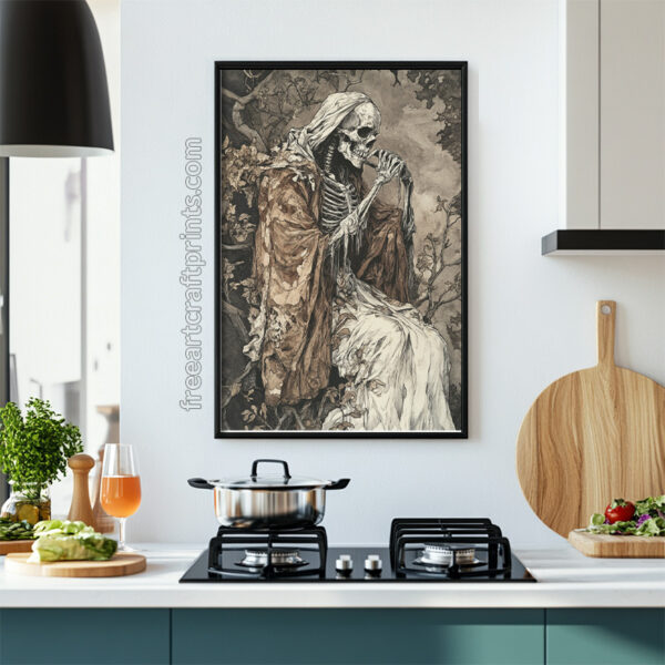 Memento Mori Skeleton Art Print - Gothic Halloween Decor (300 Dpi, 24x36 Inches)