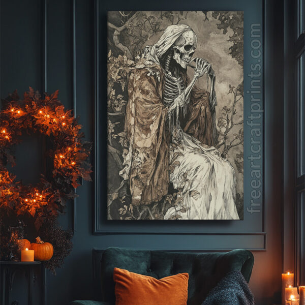 Memento Mori Skeleton Art Print - Gothic Halloween Decor (300 Dpi, 24x36 Inches)