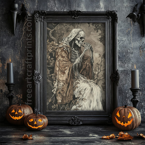 Memento Mori Skeleton Art Print - Gothic Halloween Decor (300 Dpi, 24x36 Inches)