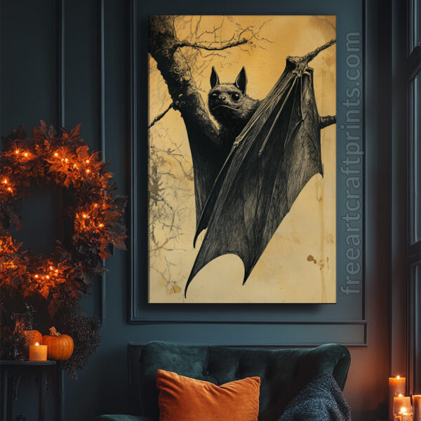 Vintage Gothic Bat Illustration Art Print - Creepy Halloween Decor (300 Dpi, 24x36 Inches)