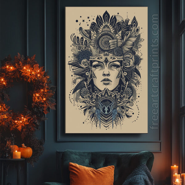 Free Intricate Boho Goddess Line Art Printable Wall Art (portrait)