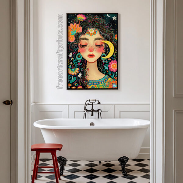 Free Boho Moon Goddess Colourful Printable Wall Art (portrait)