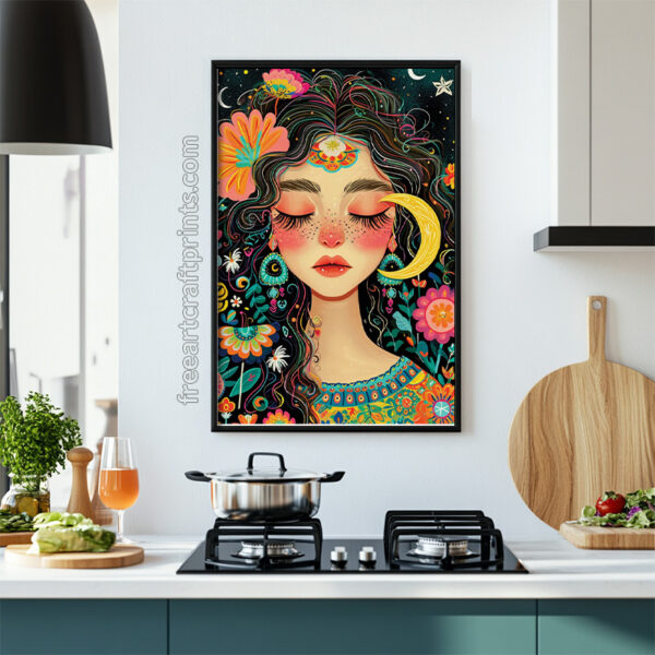 Free Boho Moon Goddess Colourful Printable Wall Art (portrait)