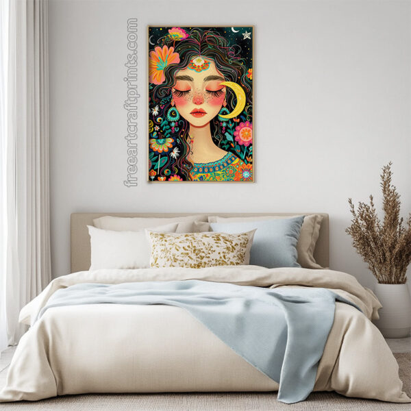 Free Boho Moon Goddess Colourful Printable Wall Art (portrait)