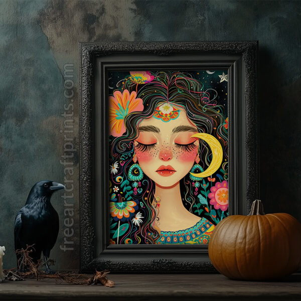 Free Boho Moon Goddess Colourful Printable Wall Art (portrait)