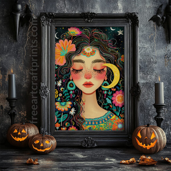 Free Boho Moon Goddess Colourful Printable Wall Art (portrait)