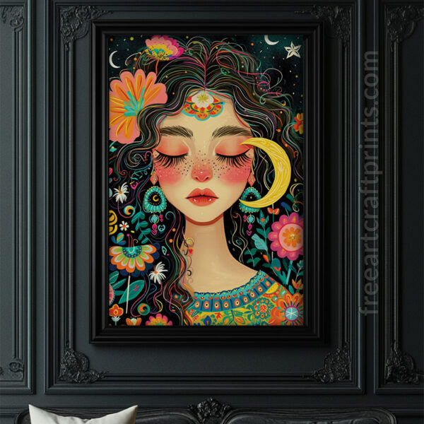 Free Boho Moon Goddess Colourful Printable Wall Art (portrait)