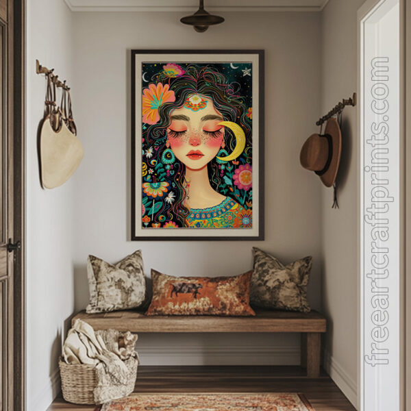 Free Boho Moon Goddess Colourful Printable Wall Art (portrait)