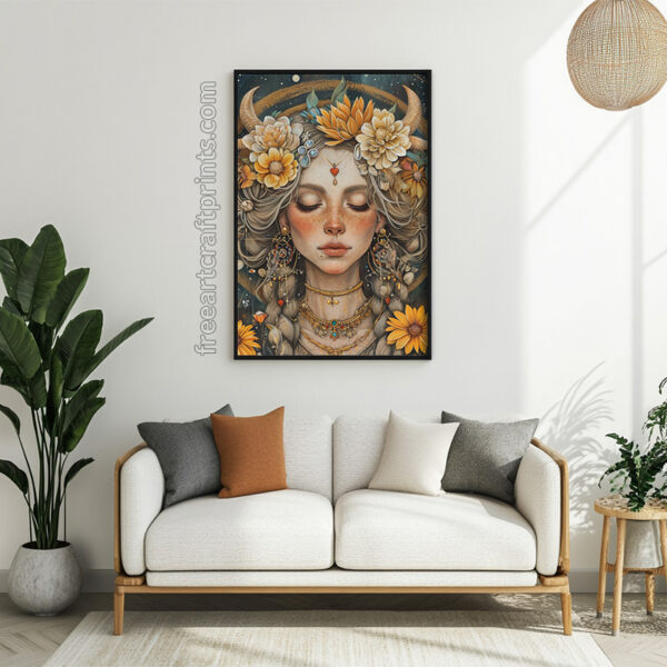 Free Boho Sun Goddess Earthy Tones Printable Wall Art (portrait)